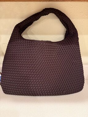 Woven Shoulder Bag in Dark Brown with Braided Handle